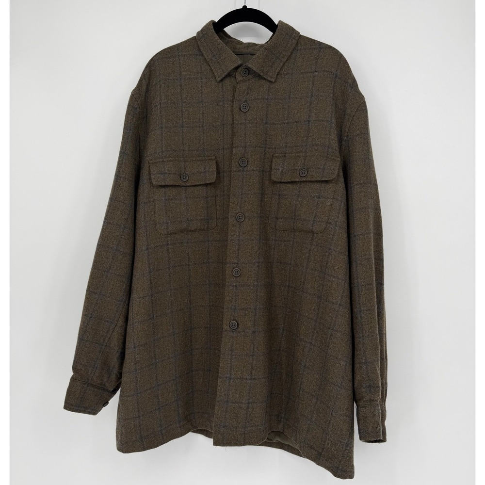 Faconnable Mens XL Wool Shirt Jacket Brown Blue Windowpane Plaid Lined Shacket